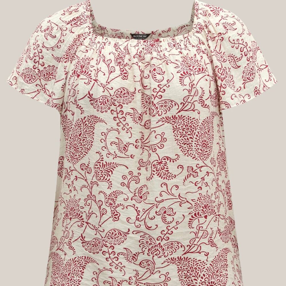 Floral Print Shirred Neck Flowy Blouse, Size 22-24